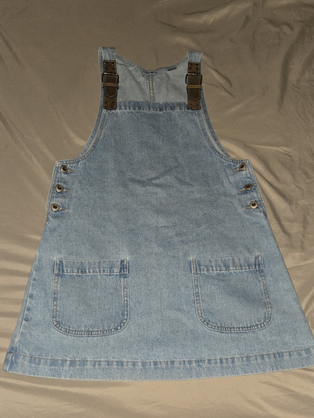 Light Wash Denim Pinafore Dress with Front Pockets
